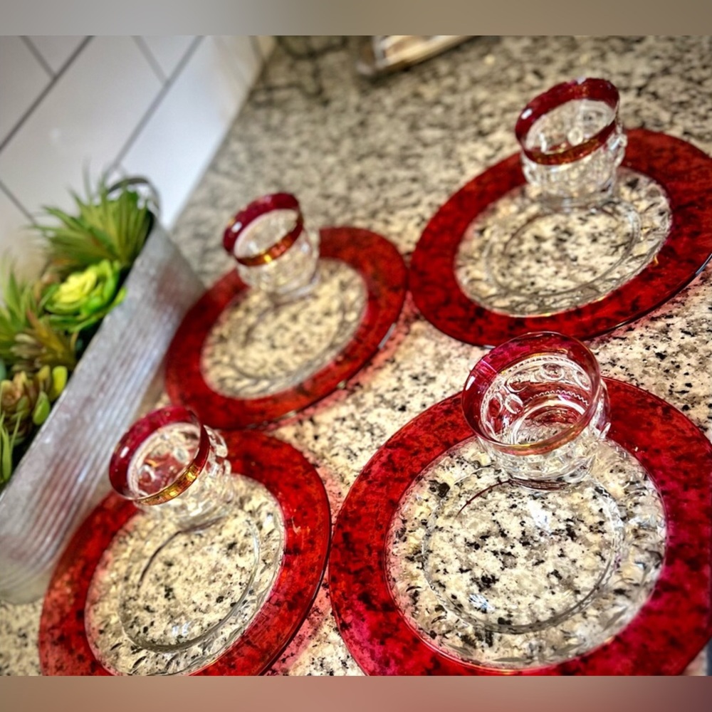 Stunning 1940s Tiffin Franciscan Kings Crown Thumbprint Ruby Red Flashed 8pc Set - Picture 14 of 16